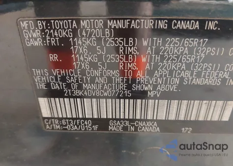 2012 Toyota Rav4 Base V6 from USA, damaged, VIN 2T3BK4DV8CW077215